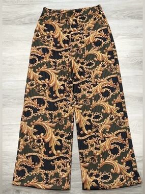 Zara Trafaluc Women Small Pants Green Gold Baroque Chain Print Wide Leg Stretchy